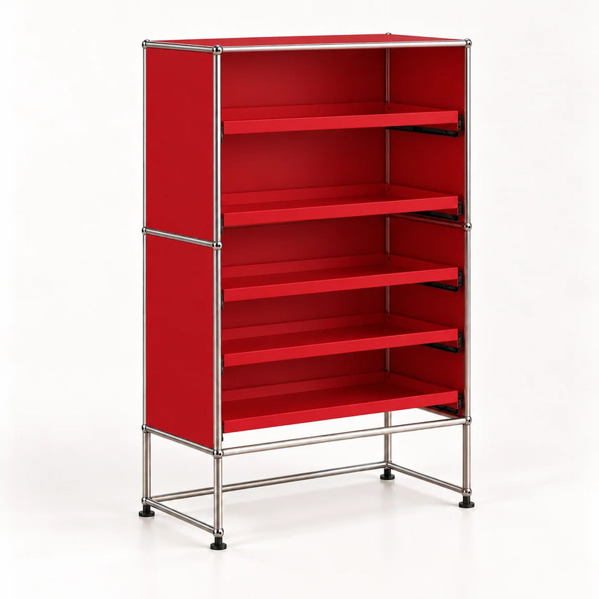 A modular metal storage cabinet with five open shelves, featuring a silver chrome frame, red-colored panels, and black rubber feet, shown on a white studio background.