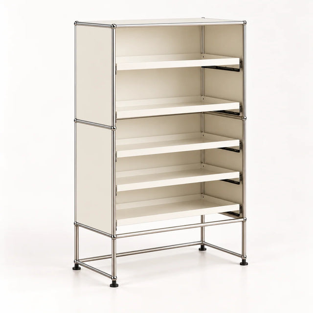 A modular metal storage cabinet with five open shelves, featuring a silver chrome frame, cream-colored panels, and black rubber feet, shown on a white studio background.