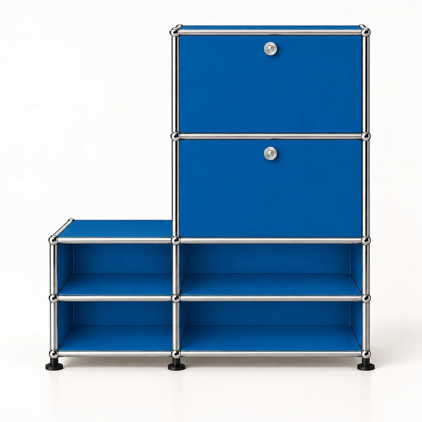 A modular storage cabinet with bright blue metal panels and a silver metal frame, featuring two upper doors with round silver knobs and four lower open shelves, set against a plain white background.