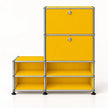 A modular storage cabinet made of yellow panels and silver metal tubing with black feet, shown on a clean white background.