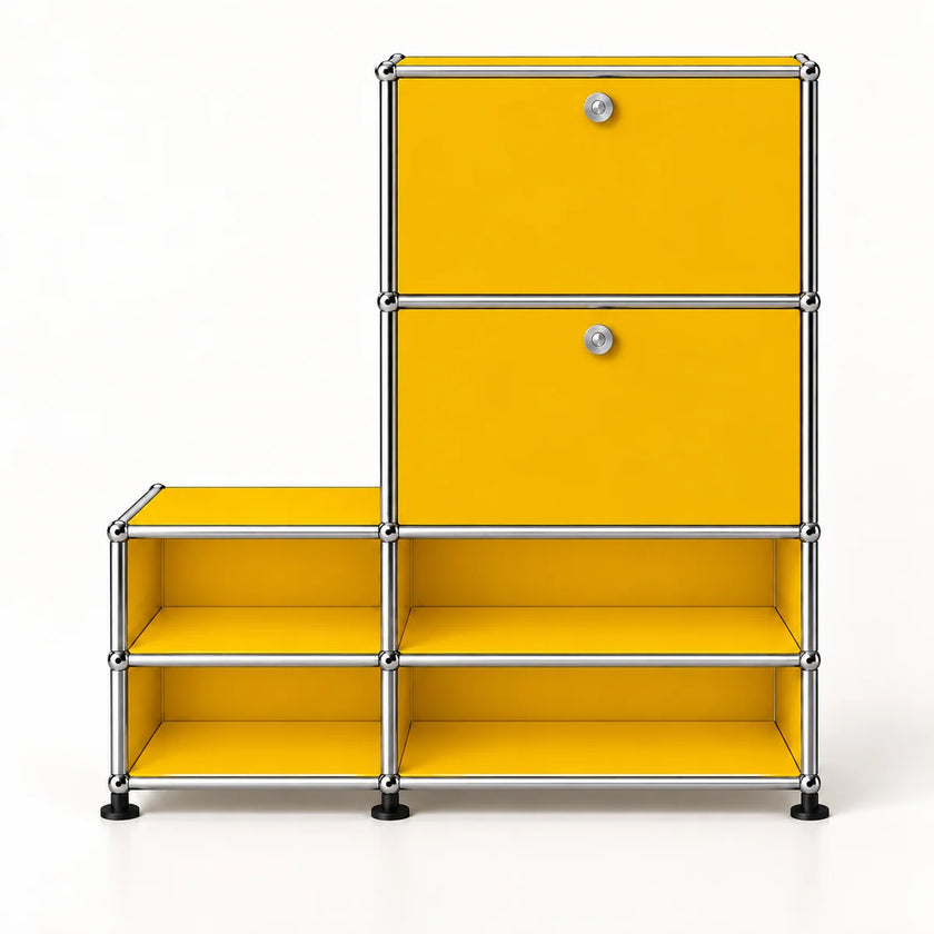A modular storage cabinet made of yellow panels and silver metal tubing with black feet, shown on a clean white background.