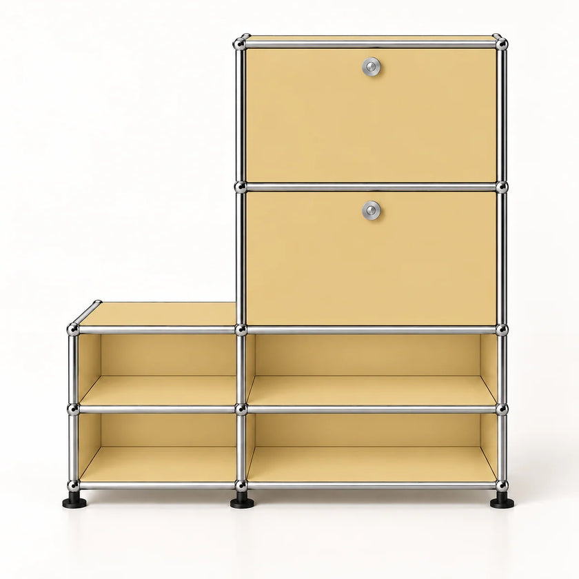A modular storage cabinet with a light yellow metal finish and a chrome metal frame, featuring two upper drawers with round silver knobs and four lower open shelves, set against a plain white background.