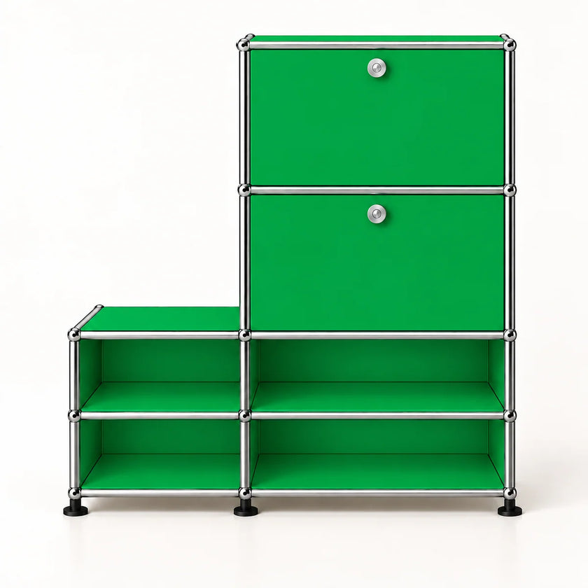 A modular storage cabinet with bright green panels and a silver metal frame, featuring two upper doors with round silver knobs and four lower open shelves, set against a plain white background.