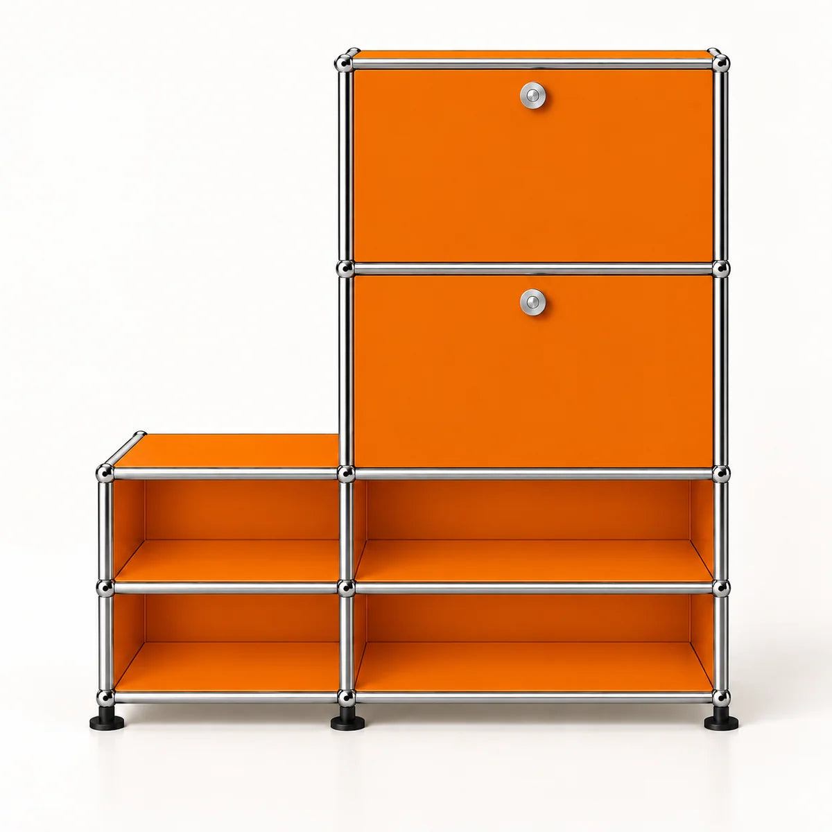 An orange modular storage cabinet with a chrome metal frame and black feet, featuring two upper doors with silver knobs and four lower open shelves, shown on a white background.