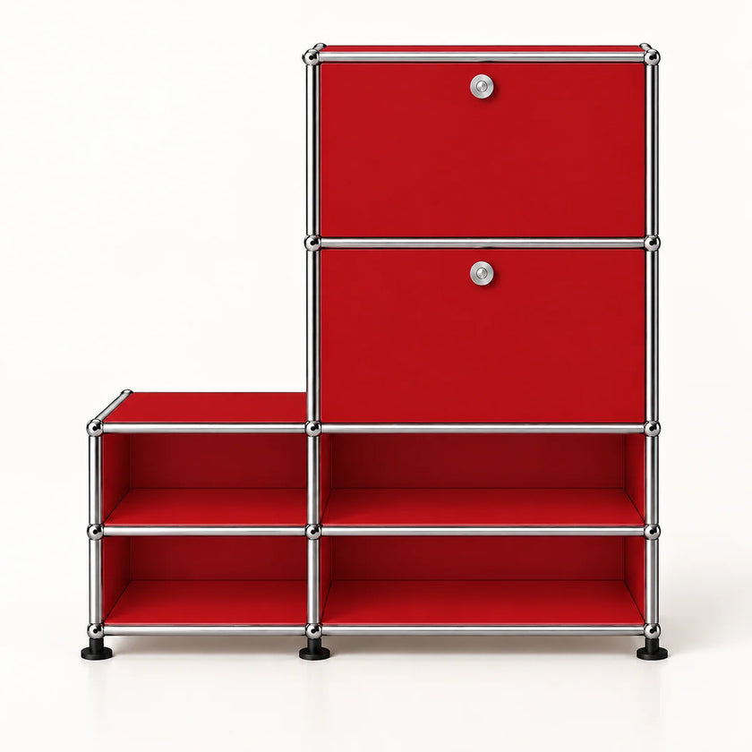 A red modular storage cabinet with a chrome metal frame and black feet, featuring two upper doors with silver knobs and four open lower shelves, shown on a white background.