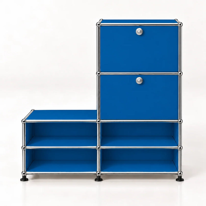 A modular storage cabinet with bright blue metal panels and a chrome metal frame, featuring two upper doors with round silver knobs and four lower open shelves, set against a plain white background.