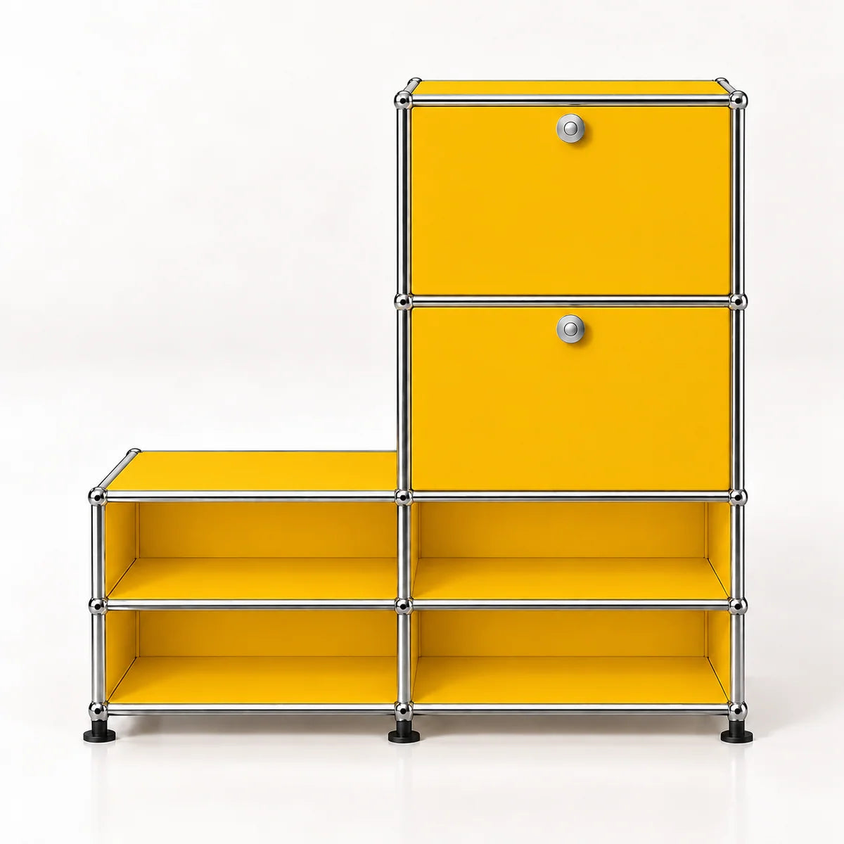 A modular storage cabinet with a bright yellow finish and a chrome metal frame, featuring two upper doors with round silver knobs and four lower open shelves, set against a plain white background.