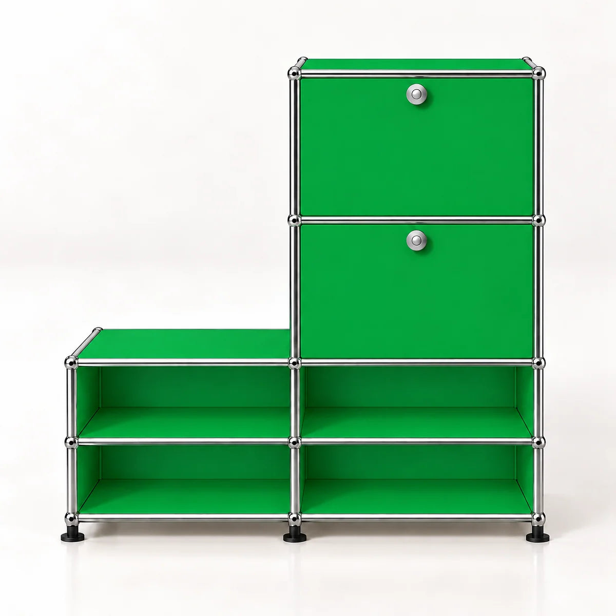 A green modular storage cabinet with two upper doors and four lower open shelves, constructed from bright green panels and silver metal tubing with black feet, shown on a white background.