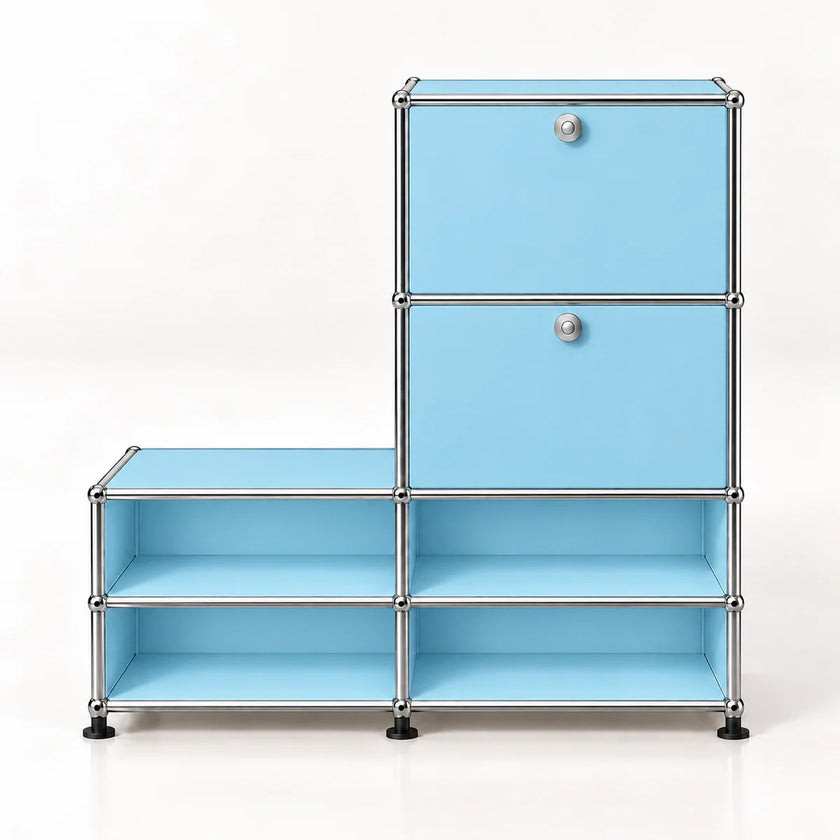 A modular storage cabinet made of light blue panels and silver metal tubing with black feet, shown on a clean white background.