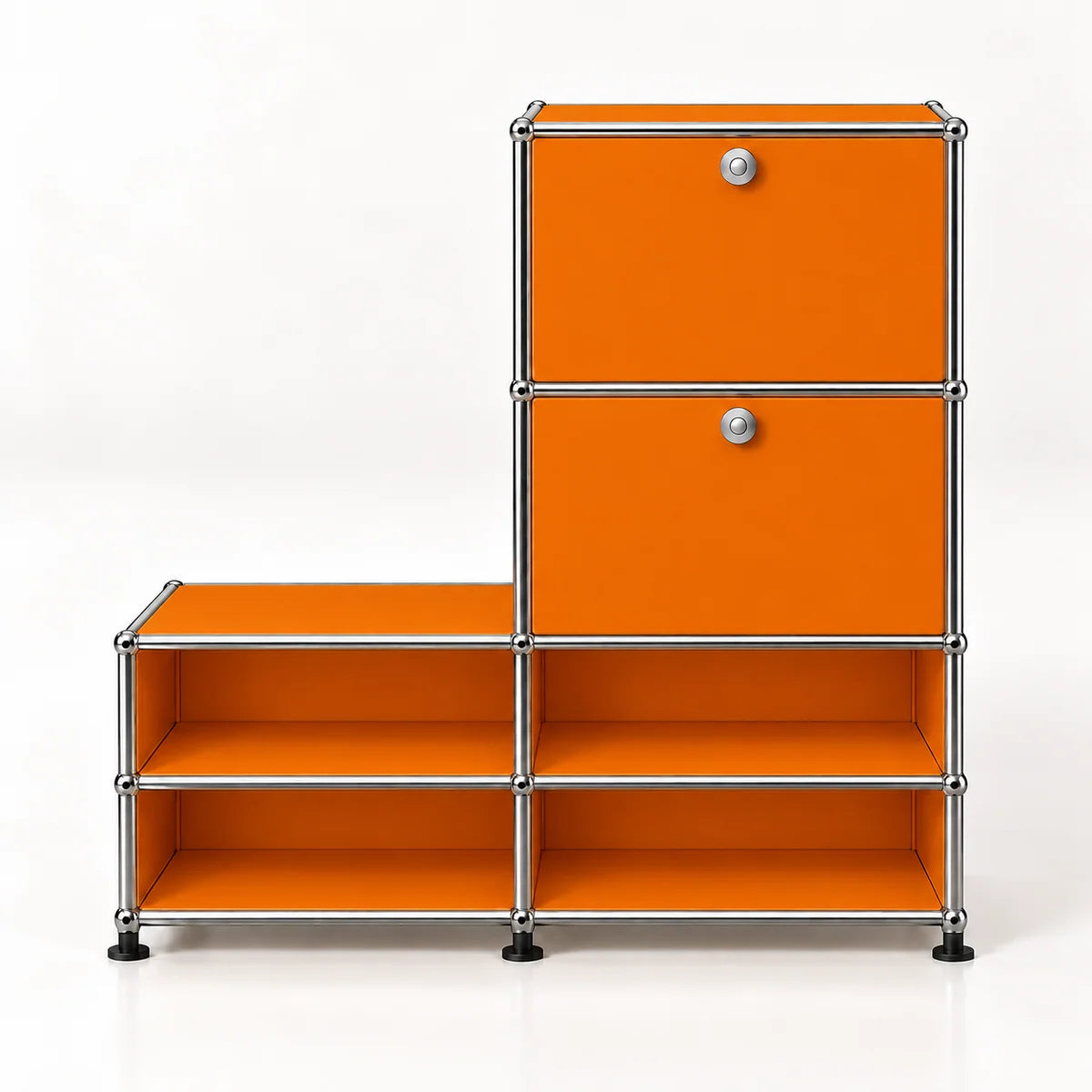 An orange modular storage cabinet with a chrome metal frame and black feet, featuring two upper doors with round silver knobs and four open shelves on the left side, set against a plain white background.