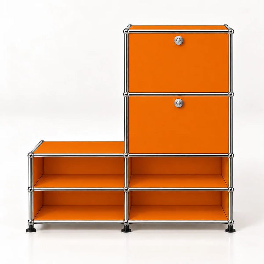 An orange modular storage cabinet with a chrome metal frame and black feet, featuring two upper doors with round silver knobs and four open shelves on the left side, set against a plain white background.