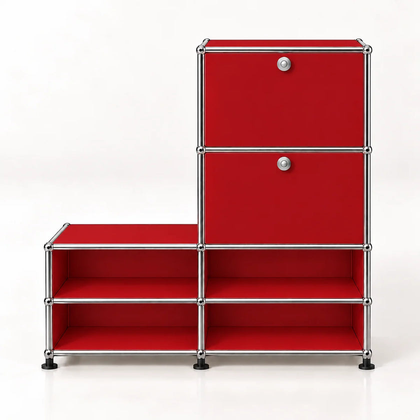A red modular storage cabinet with a chrome metal frame, featuring two upper doors with round silver knobs and four open shelves below, set against a plain white background.