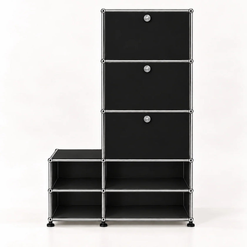 A black modular storage organizer with a tall stack of three drawers on the right and four open shelves on the bottom, connected by a silver metal frame with round knobs.