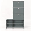 A modular gray storage organizer with three tall drawers on the right and three open shelves on the bottom, connected by a silver metal frame with round knobs.