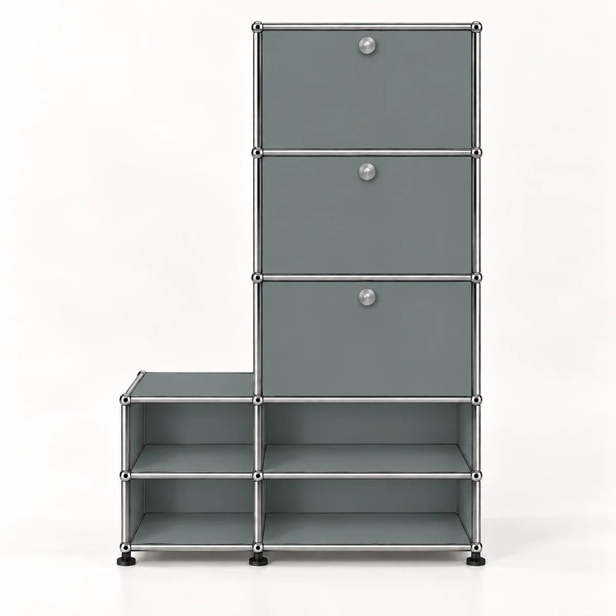 A modular gray storage organizer with three tall drawers on the right and three open shelves on the bottom, connected by a silver metal frame with round knobs.