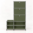 A modular storage organizer with olive green metal panels and a chrome metal frame, featuring three drawers with round silver knobs on the top section and open shelves on the bottom, set against a plain white background.