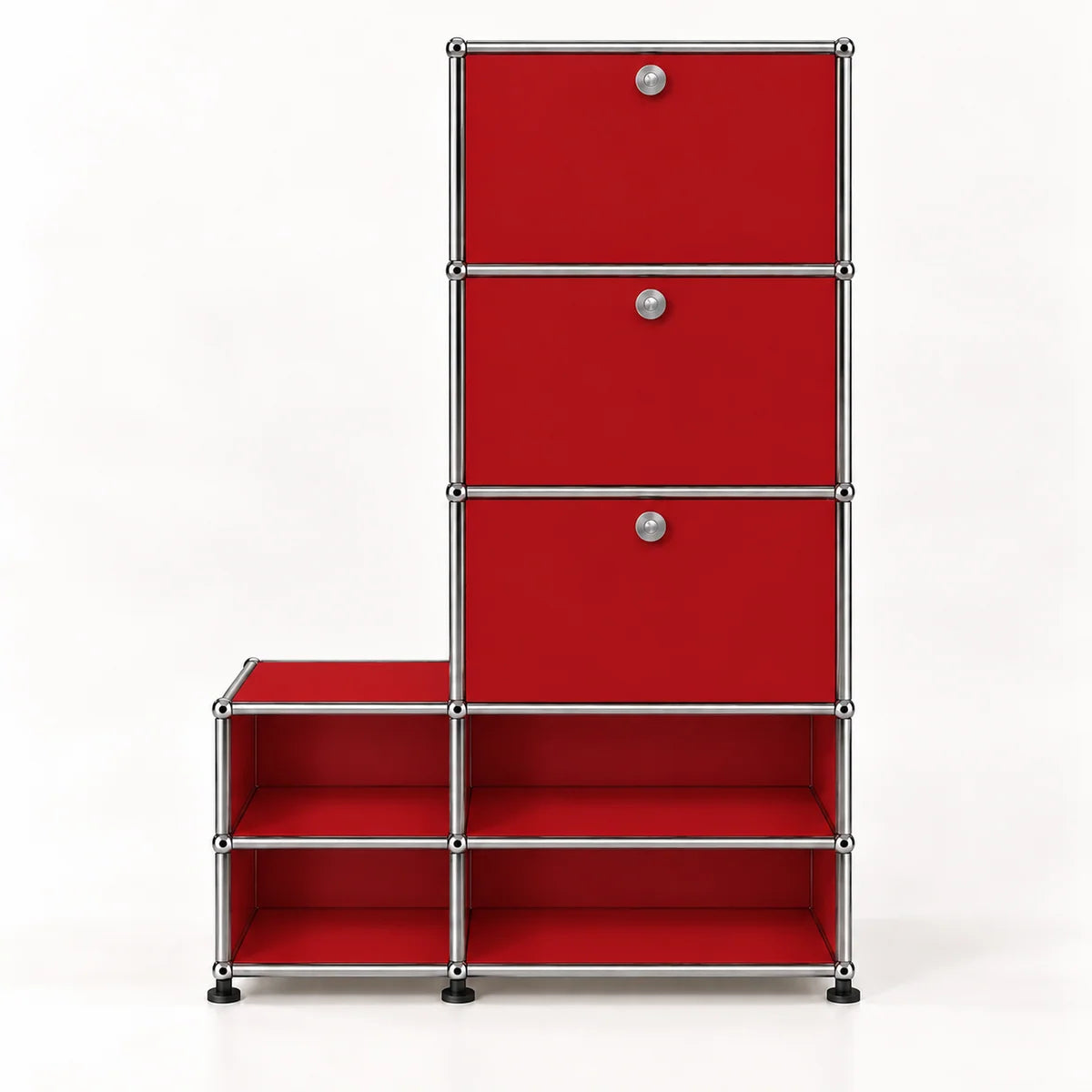 A modular storage cabinet with a red metal-covered frame and silver metal tubing, featuring three drawers on the upper right with round silver knobs and four open shelves on the lower, set against a plain white background.