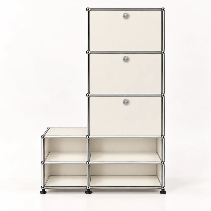 A modular storage organizer made of silver metal tubing with cream-colored drawer fronts and open shelves, featuring three drawers on the right and four open shelves, set against a plain white background.