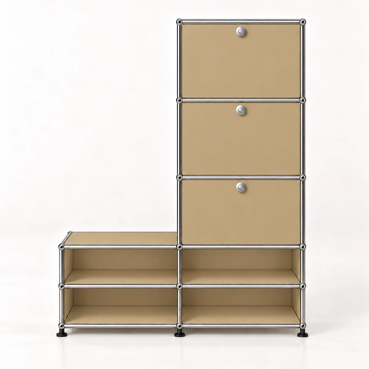 A modular storage cabinet with beige metal drawer fronts and open shelves, connected by a chrome metal frame with small round silver knobs.