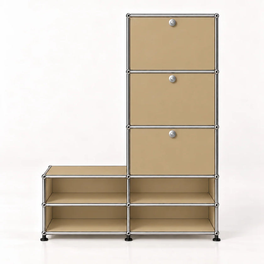 A modular storage cabinet with beige metal drawer fronts and open shelves, connected by a chrome metal frame with small round silver knobs.