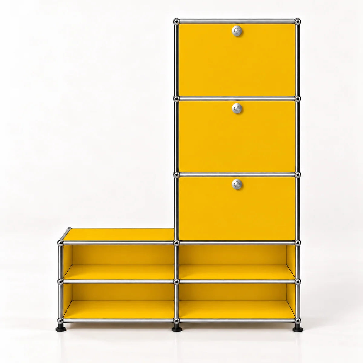 A modular storage cabinet with yellow metal drawer fronts and open shelves, connected by a chrome metal frame with small round silver knobs.