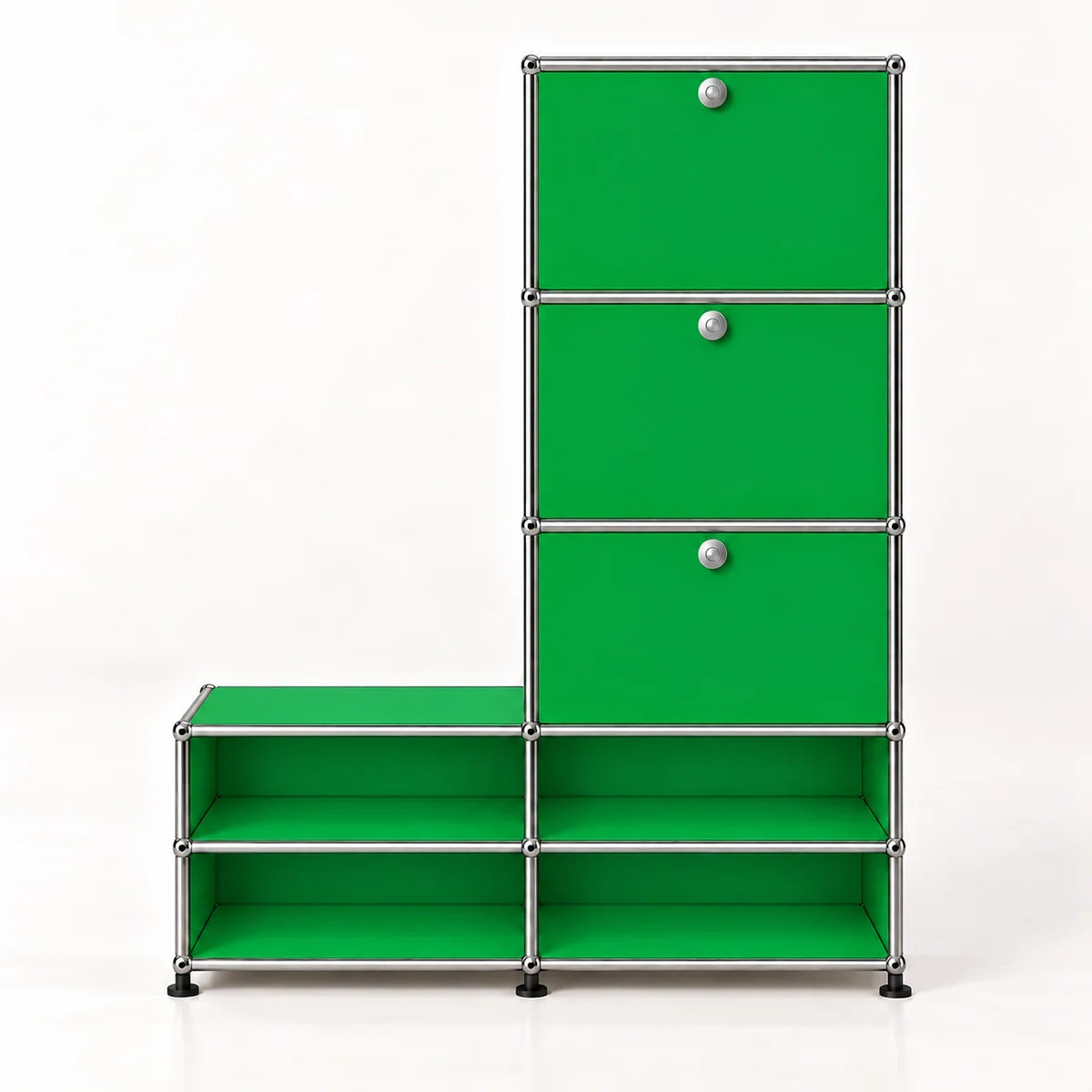 A green modular storage cabinet with three drawers on the right and four open shelves, connected by a silver metal frame with round knobs.