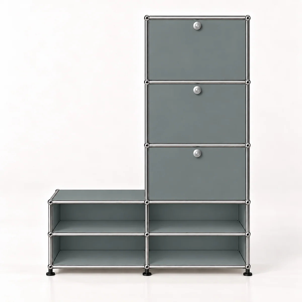 A modular storage cabinet and shelf unit made of gray panels connected by silver metal rods, with three drawers on the right and four open shelves, shown on a white background.