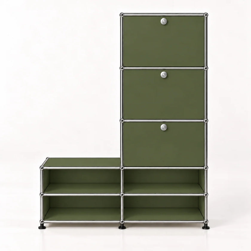 An olive green modular storage cabinet with three drawers on the right side and four open shelves, connected by a silver metal frame with round silver knobs.
