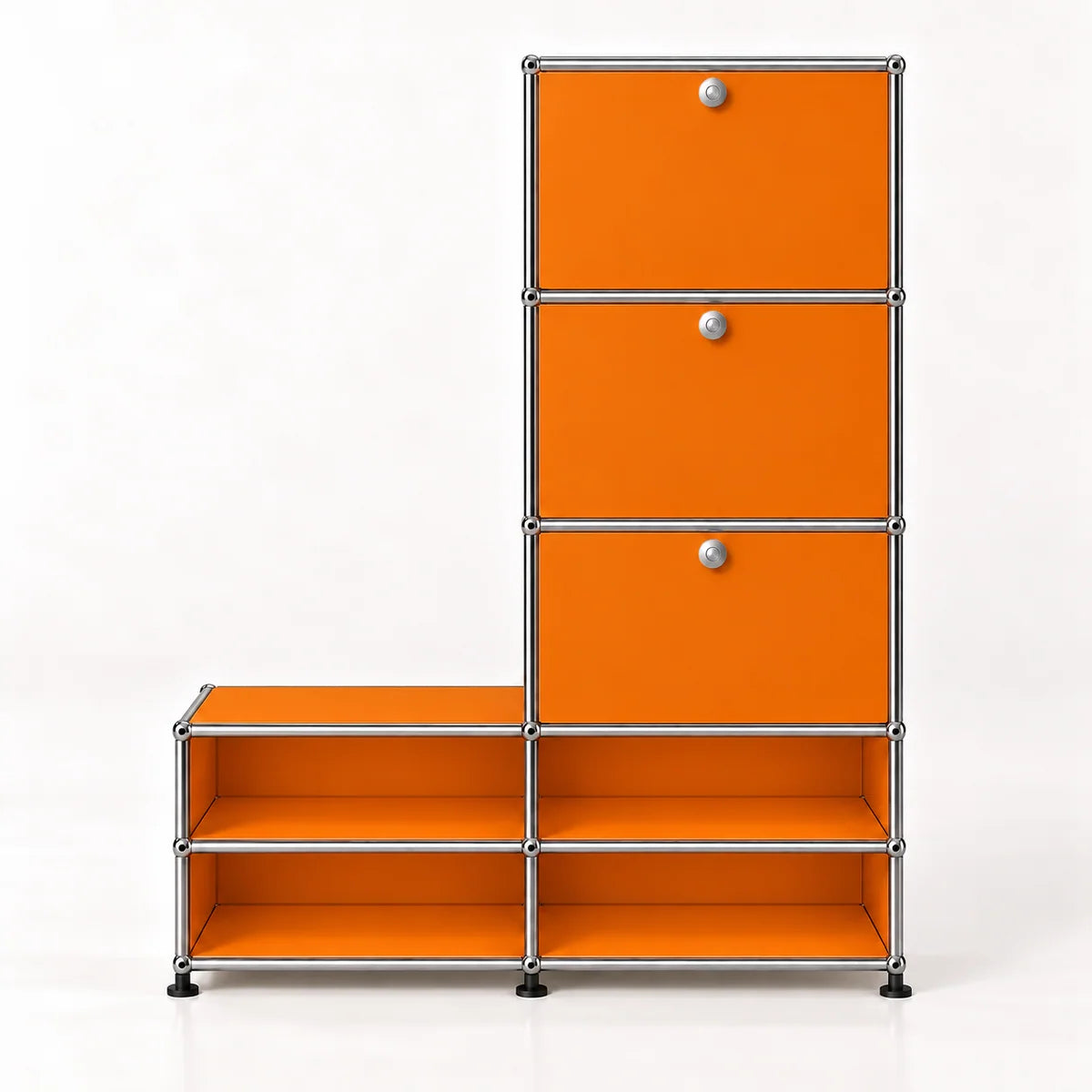 A modular storage cabinet with a orange finish and a chrome metal frame, featuring three drawers on the upper right with round silver knobs and four open shelves on the lower.