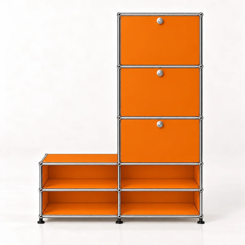 A modular storage cabinet with a orange finish and a chrome metal frame, featuring three drawers on the upper right with round silver knobs and four open shelves on the lower.