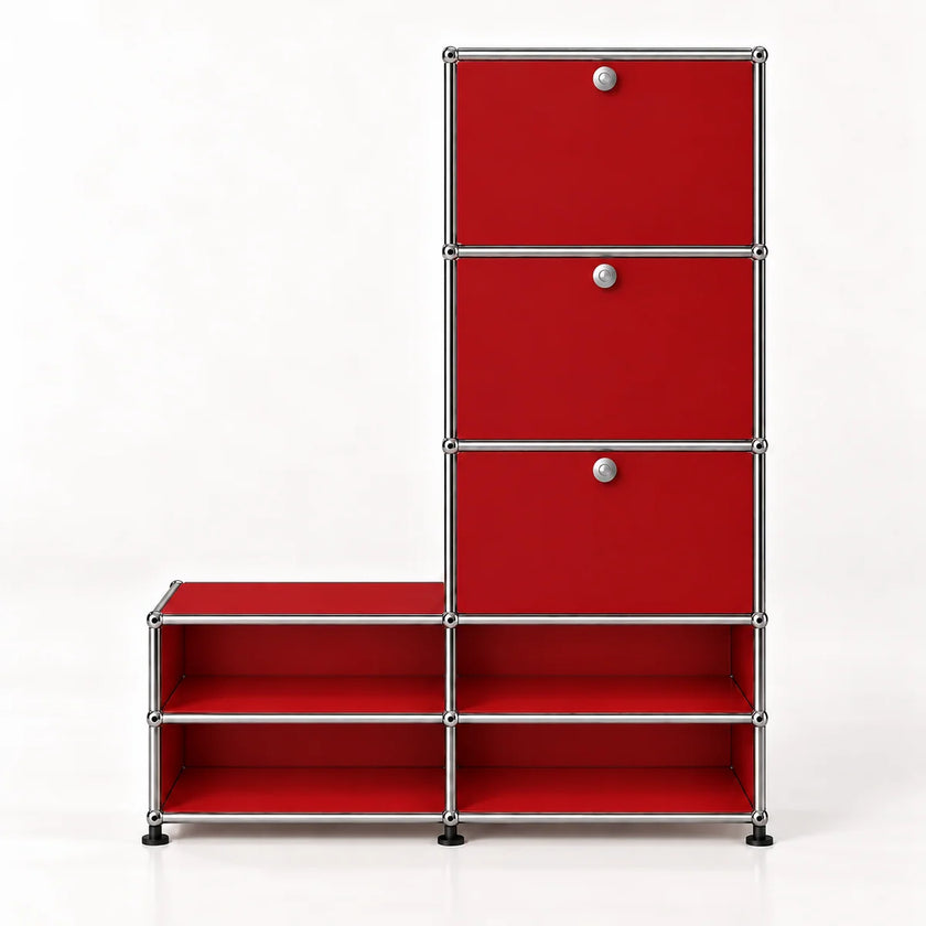 A red modular storage cabinet with a chrome metal frame, featuring three stacked drawers on the right with round silver knobs and four open shelves, set against a plain white background.