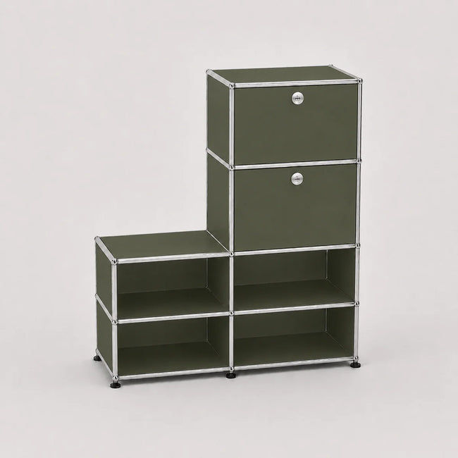 An L-shaped modular storage unit with olive green panels and silver metal framing, featuring two drawers on the upper right and three open shelves on the lower left, set against a light gray background.