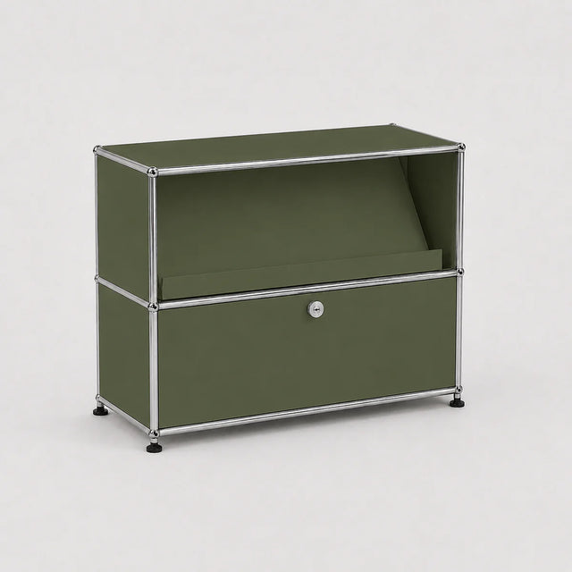Green storage unit with a drawer on a white background