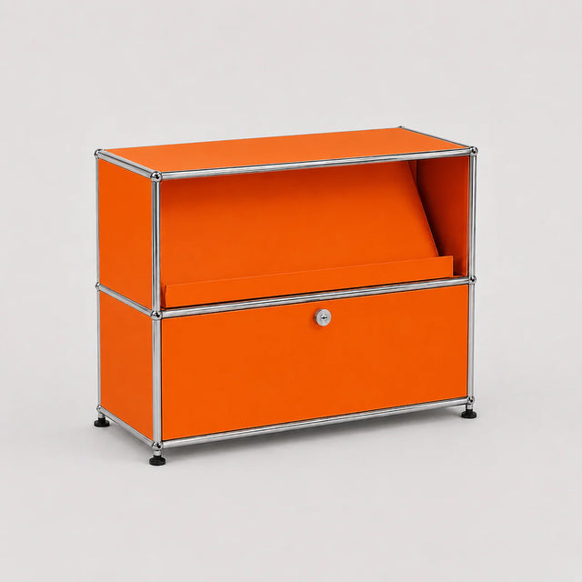 Orange storage unit with metal frame on a light gray background
