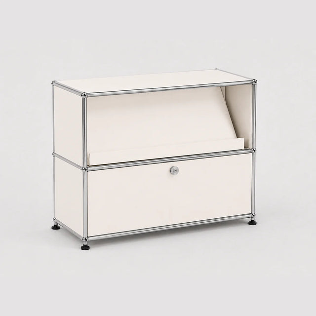 White storage unit with a drawer on a light gray background