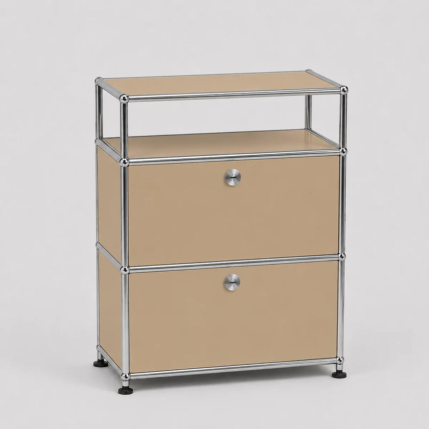 A modular two-drawer storage cabinet with beige panels and a silver metal frame, shown on a light gray background.