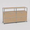 A modular two-drawer storage cabinet with a chrome metal frame and beige fabric drawer fronts, shown on a light gray background.