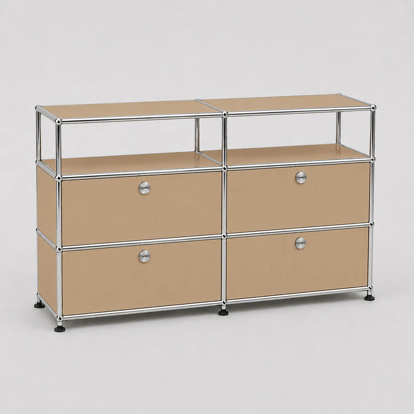 A modular two-drawer storage cabinet with a chrome metal frame and beige fabric drawer fronts, shown on a light gray background.
