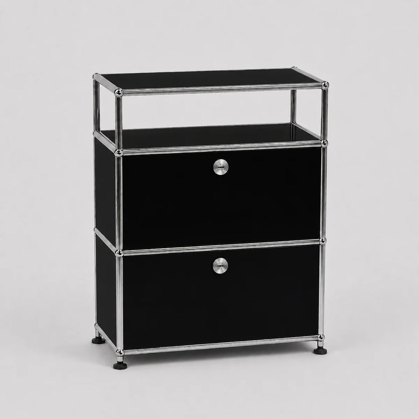 A modern black and chrome modular two-drawer storage cabinet with an open top shelf, shown on a light gray background.