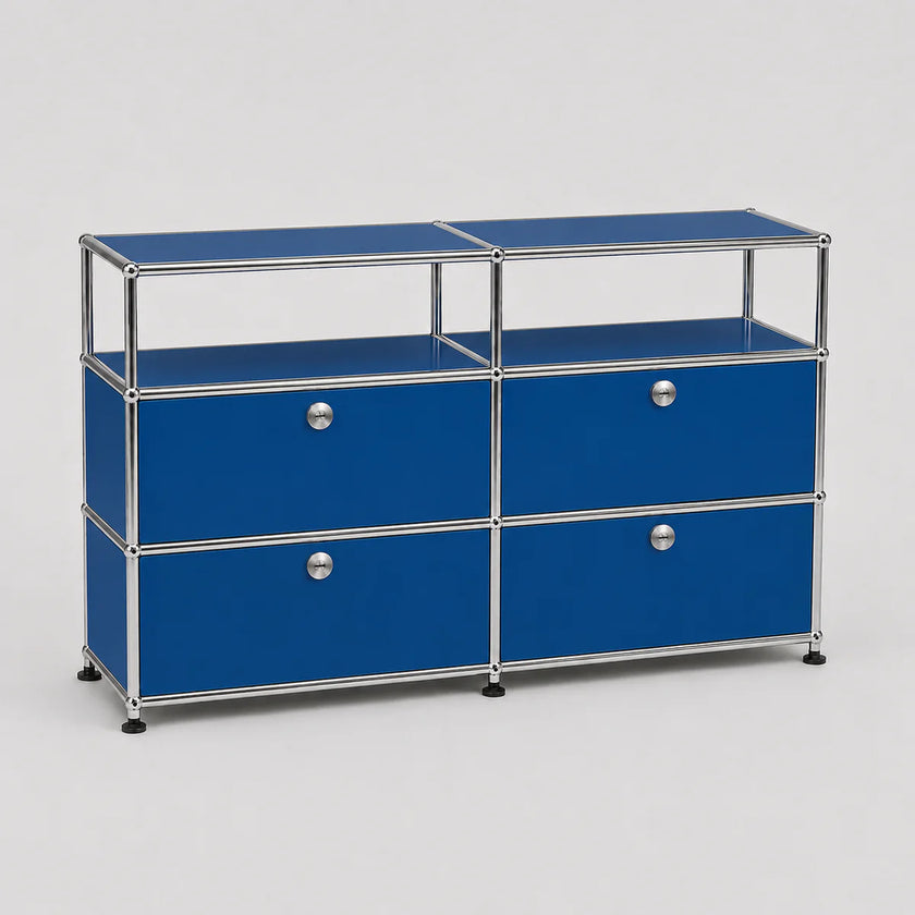A blue modular storage cabinet with a chrome metal frame, featuring two columns of two drawers each and open upper shelves, set against a neutral gray background.