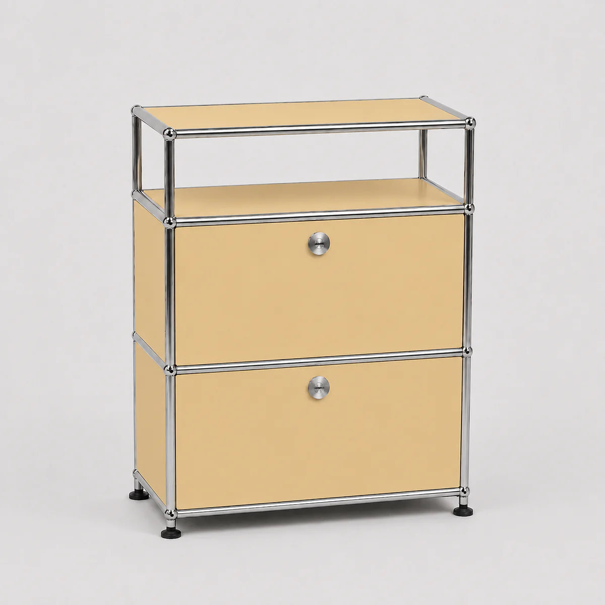 A modern two-drawer modular storage cabinet with a chrome tubular metal frame and light beige panels, set against a plain light gray background.
