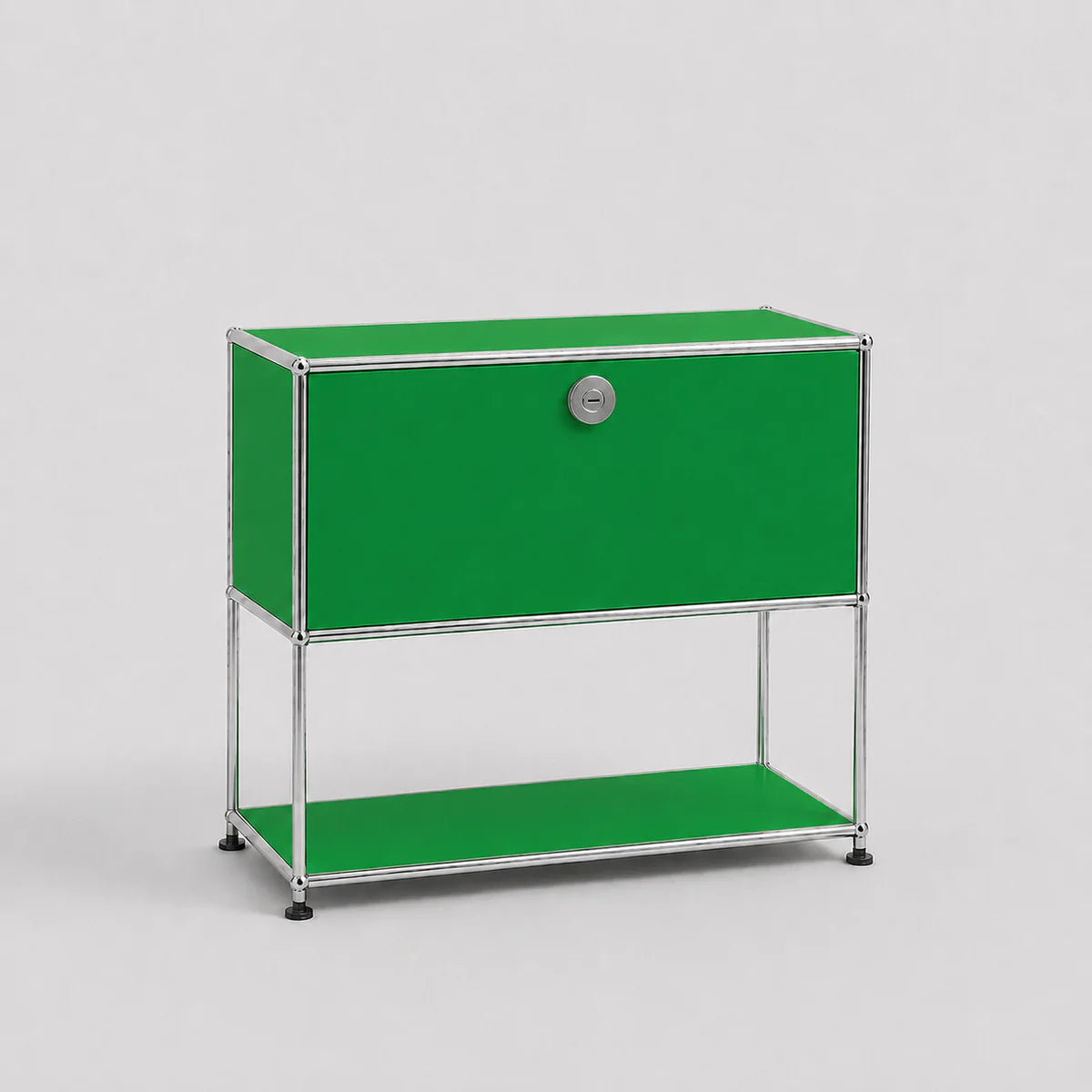 A modern modular two-tier storage cabinet with a vibrant green finish and a chrome metal frame, featuring a lock on the upper door and a lower shelf.