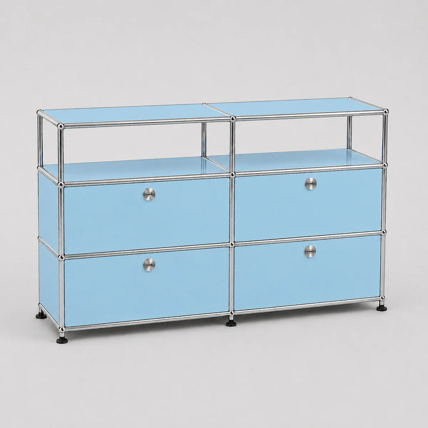 A modular storage cabinet with six drawers in light blue, framed by a chrome metal grid structure with two open top shelves, set against a neutral gray background.