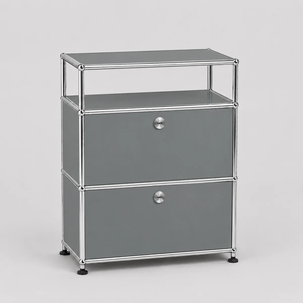 A modern two-drawer modular storage cabinet with gray panels and a chrome metal frame, featuring a top shelf and round silver knobs.