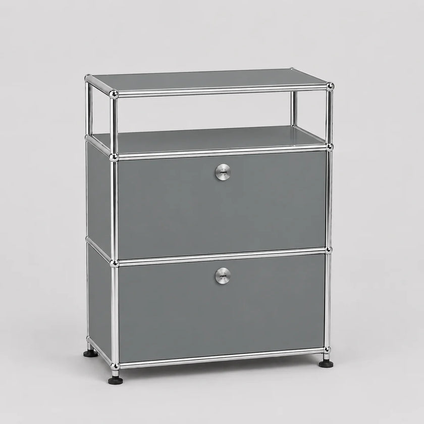 A modern two-drawer modular storage cabinet with gray panels and a chrome metal frame, featuring a top shelf and round silver knobs.