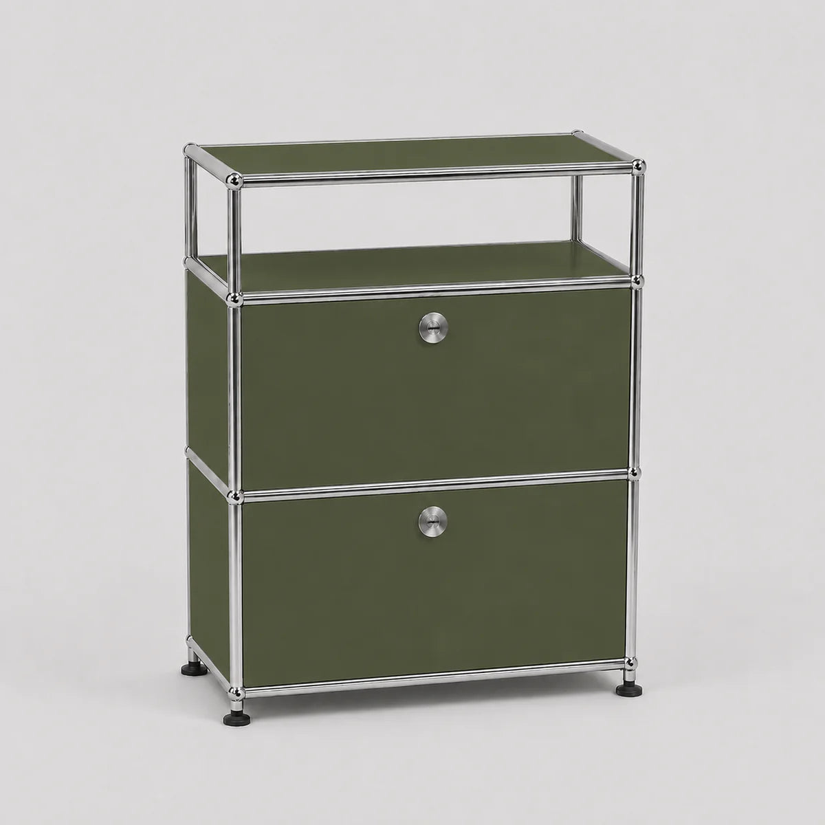 An olive green modular storage cabinet with two drawers and an open top shelf, framed in polished chrome metal with round silver knobs, on a light gray background.