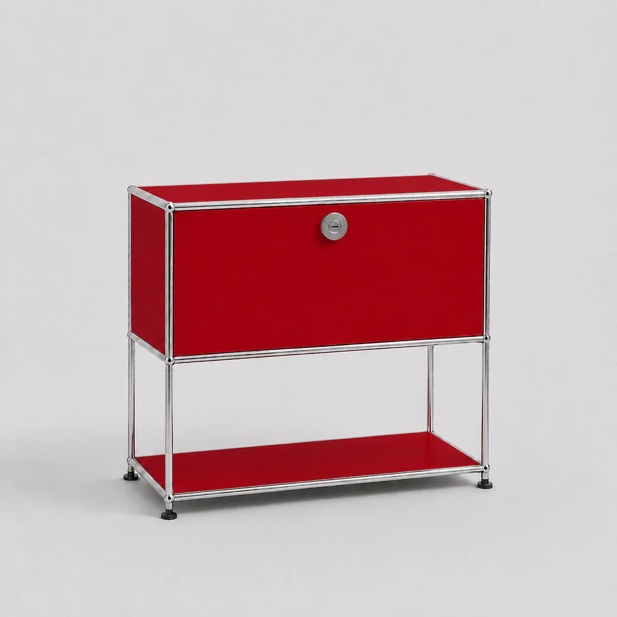 A modern modular two-tier storage cabinet with a vibrant red fabric-covered frame and a chrome metal tubular frame, featuring a lock on the upper compartment door.