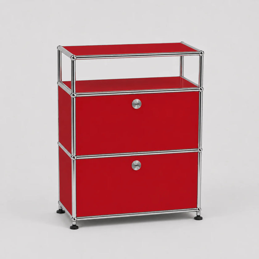 A red modular two-drawer storage cabinet with a chrome metal frame and small silver knobs, shown on a light gray background.