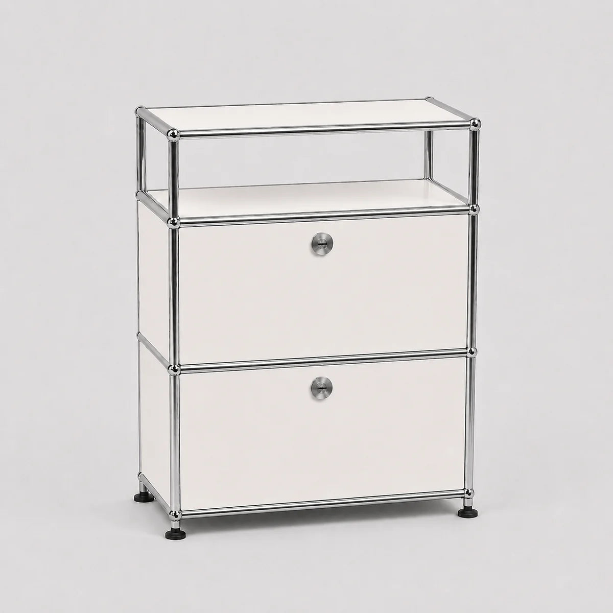 A modern modular two-drawer storage cabinet with a chrome metal frame, white drawer fronts, and a clear glass top shelf, set against a neutral light gray background.