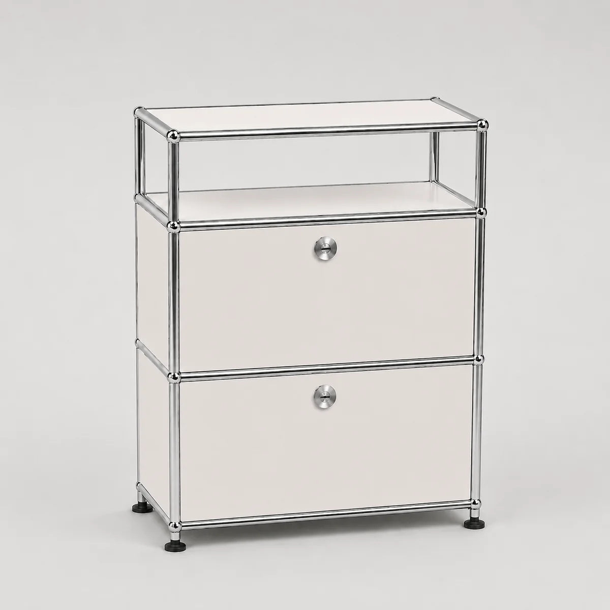 A modern two-drawer storage cabinet with a chrome metal frame, white drawer fronts, and round silver knobs, set against a neutral light gray background.